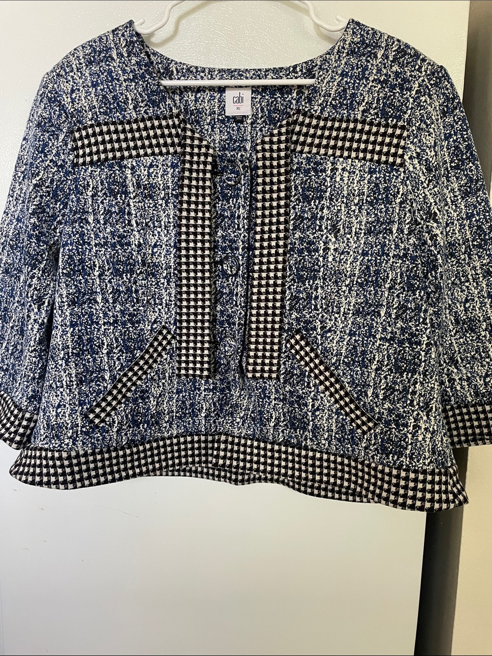 CAbi XL Navy Black White Tweed Houndstooth Trim Blazer CrowdStopper Cotton Blend
